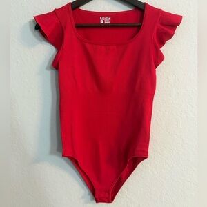 OQQ Red Ruffled Flutter Sleeve Ribbed Bodysuit
